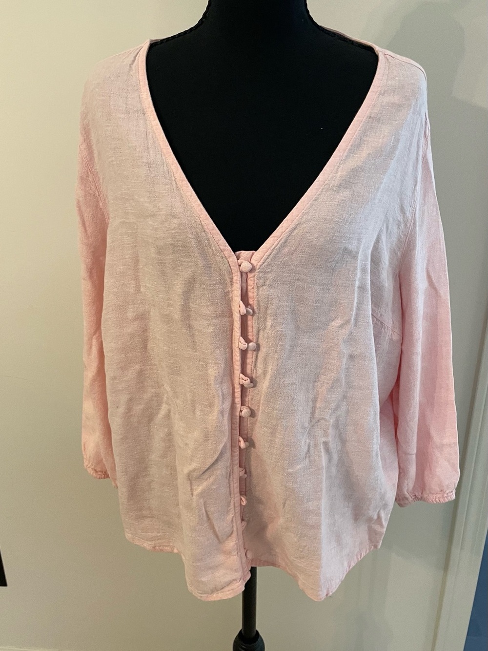 Laura Ashley Summer Blush Pink Linen Blend Button-Up Blouse Feminine Casual 1X